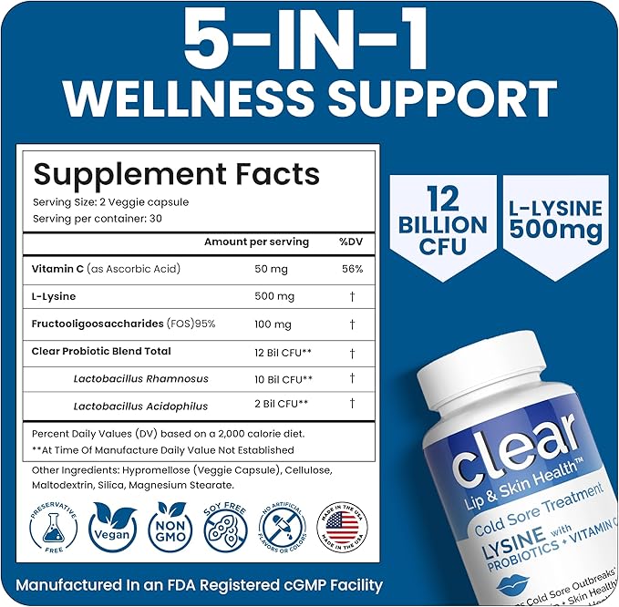 Lysine Cold Sore Treatment for Lips with Pre-Probiotics & VIT C | 3 Month Supply | Supercharged Lysine Capsules with Rhamnosus & Acidophilus for Cold Sores Relief, Skin + Gut Health & Immune Support