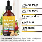 Organic Maca Root Liquid Drops with Ashwagandha, Nettle, Fenugreek, Beet Root and L-Arginine Liquid Multivitamin for Women and Men - 2oz