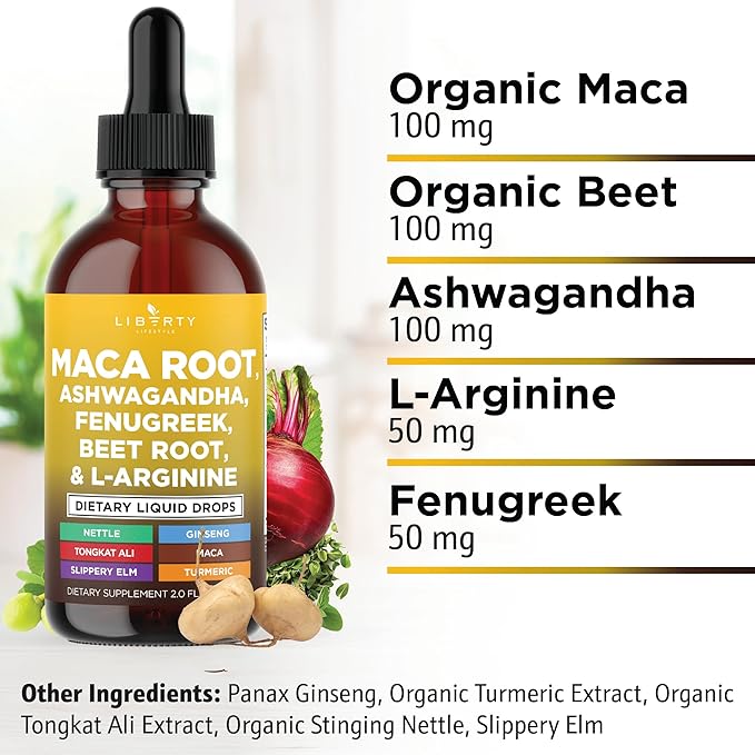 Organic Maca Root Liquid Drops with Ashwagandha, Nettle, Fenugreek, Beet Root and L-Arginine Liquid Multivitamin for Women and Men - 8oz