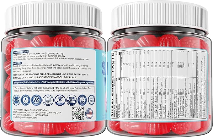 Saffron +Magnesium Glycinate +Omega-3 - Calm Focus Gummies for Kids 4+, Saffron Extract Supplement with L-Theanine, Holy Basil, Rosemary, B6, D3 for Happy Mood, Cognition, ZZz, Sugar Free, 2 Pack