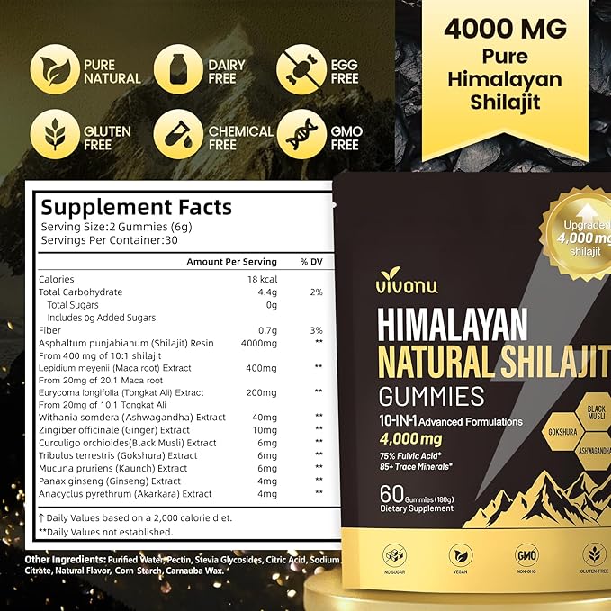 VivoNu Vivnu Shilajit Gummies, micronutrient Supplement, Himalayan Premium Ingredient Shilajit - Ashwagandha, Gokshura, Fulvic Acid & 85+ Trace Minerals 120ct