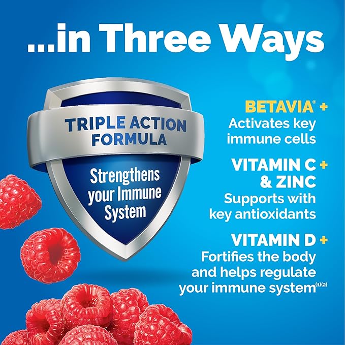 Emergen-C Immune+ Triple Action Immune Support Powder, BetaVia (R), 1000mg Vitamin C, B Vitamins, Vitamin D and Antioxidants, Raspberry – 30 Count