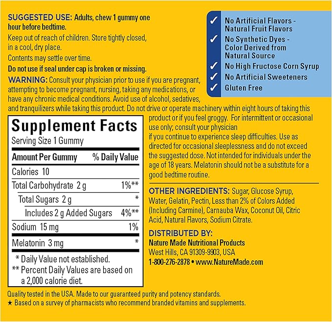 Nature Made Time Release Melatonin 3mg Gummies, 100% Drug Free Sleep Aid for Adults, 60 Melatonin Gummies, 60 Day Supply