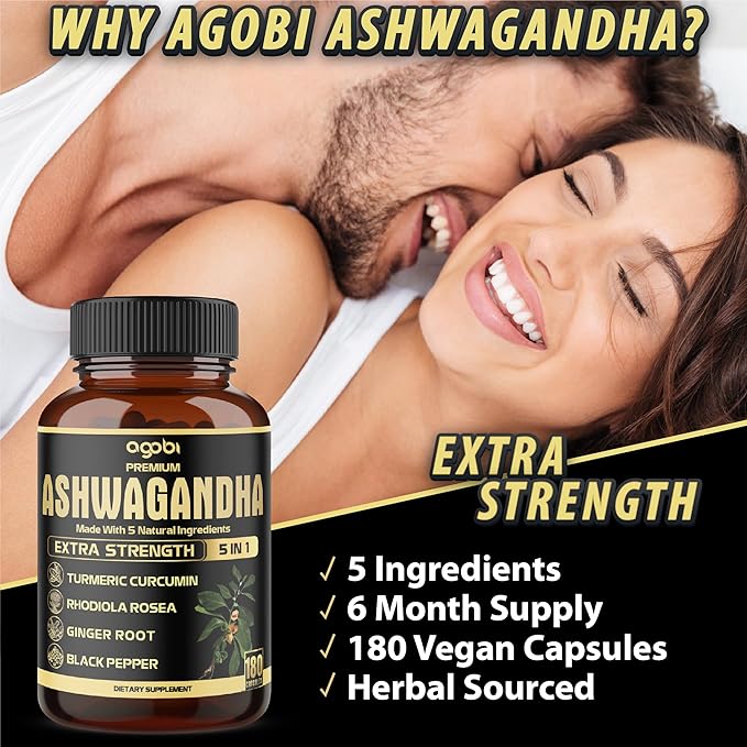 5in1 Premium Ashwagandha Capsules - Added Turmeric, Rhodiola Rosea, Ginger, Black Pepper - 180 Caps for 6 Months