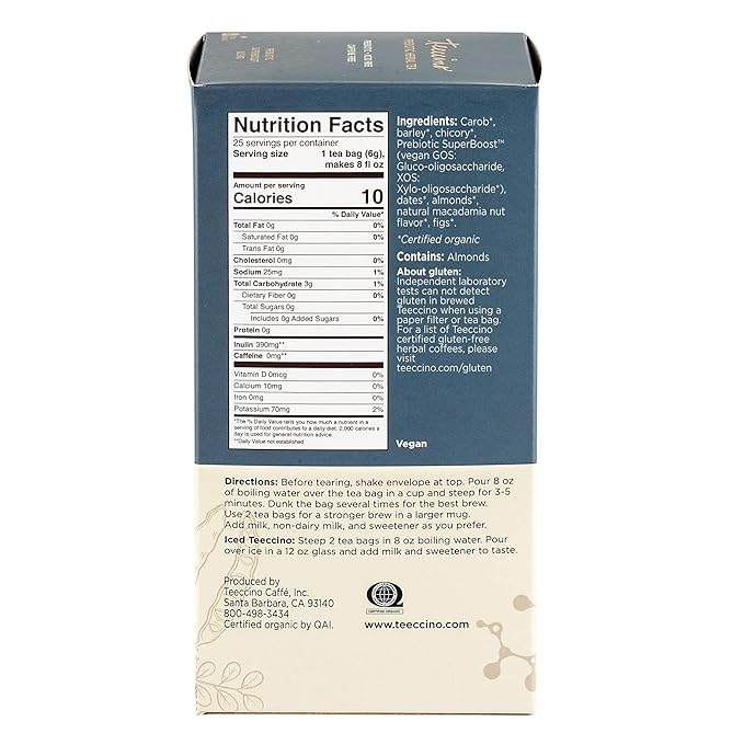 Teeccino Macadamia Nut - Prebiotic SuperBoost™ Herbal Tea - 25 Tea Bags - Support Your Probiotics with Vegan GOS & Organic XOS For Good Gut Health - Digestive Dessert Tea