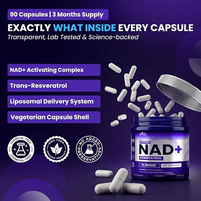 PHM NAD Resveratrol Supplement - 10,000mg Extra Strength | NAD+ Liposomal Supplements for Men and Women | NMN & NMNH Alternative | 90 Capsules, 1.5 Months Supply