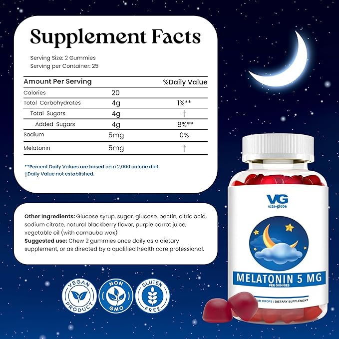 VITA Globe Melatonin Gummies 5mg, Sleep Aid Gummies, Sugar Free- Non-GMO, Vegan and Sleep Aid Supplement, Supports Relaxation & Healthy Sleep Cycle, 60 Count Sleep Aid Gummy (Pack of 1)