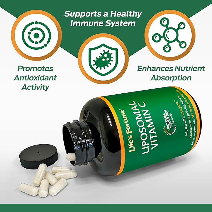 Life's Fortune Liposomal Vitamin C 2100 mg, Fast Acting Absorption, Higher Bioavailability Supporting Immune System, High Antioxidant Supplement Formula – Collagen Booster – 180 Capsules