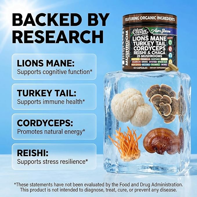AuraShroom Mushroom Supplement Lions Mane Turkey Tail Cordyceps Reishi Shiitake Chaga Oyster Stress Relief Immune Support Nootropic Energy Portobello Mushrooms 60 Capsules By Clean Nutra