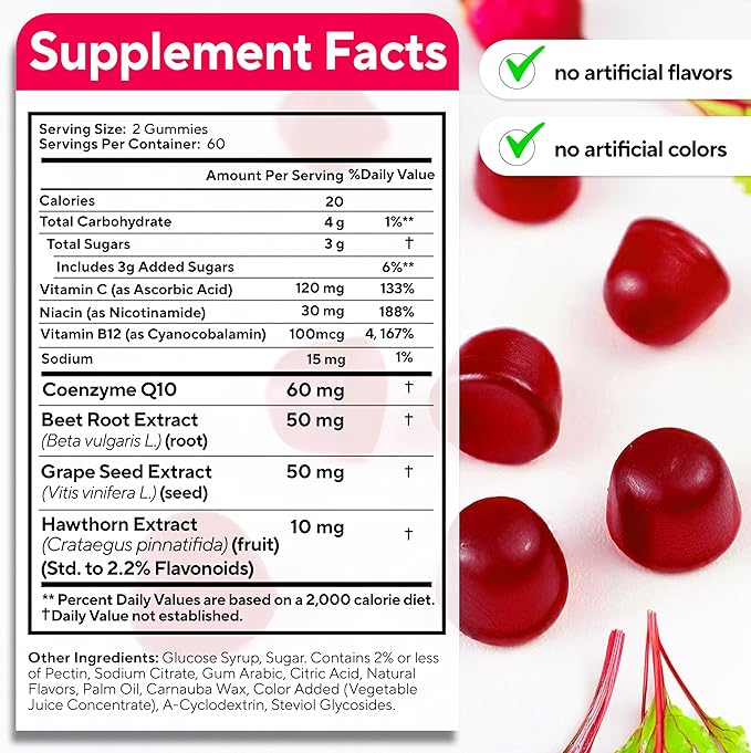 VitaUp Beet Root Gummies – Beetroot Supplement with CoQ10, Grape Seed, Vitamin C, B12 & B3 – Nitric Oxide Gummies for Circulation Support – Beet Supplement for Energy & Immune Support – 120 Beet Chews