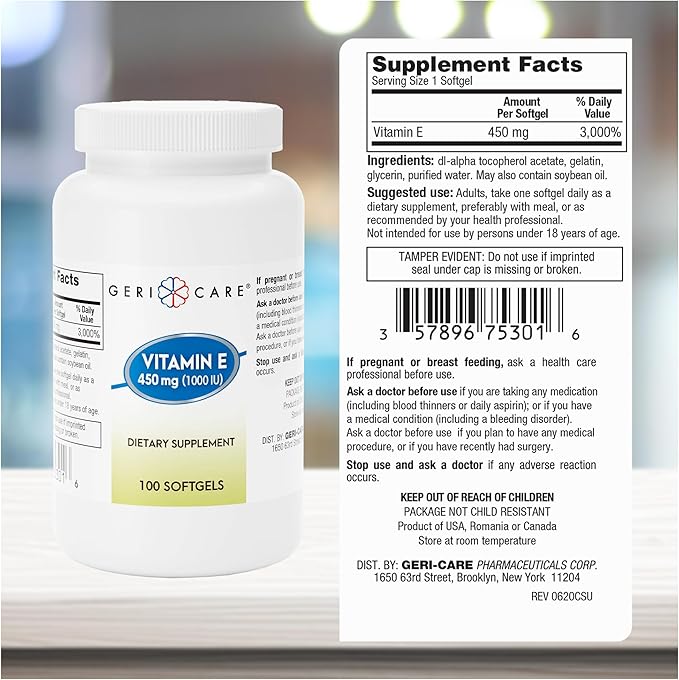 GeriCare High-Potency Vitamin E Capsules, 1000 IU for Skin & Immune Support, 450mg Organic Vitamin E for Women and Men, 100 Count (Pack of 1)