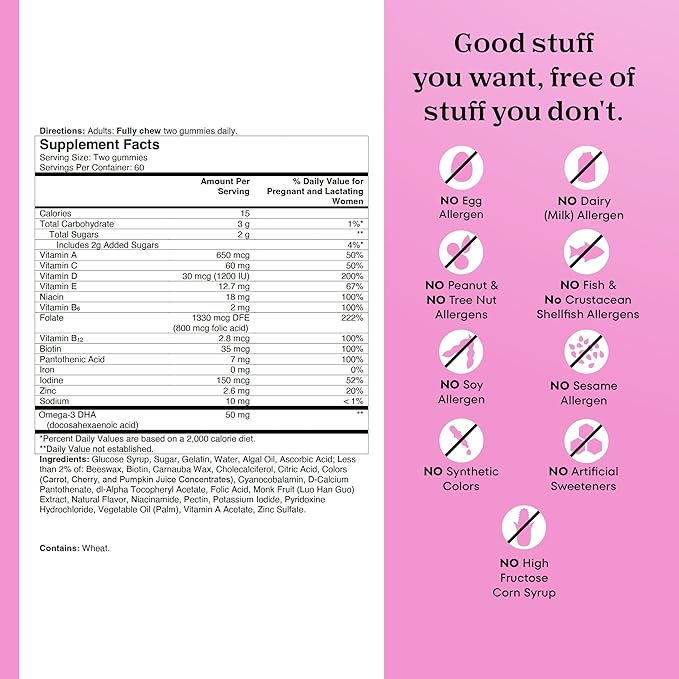 One A Day Prenatal Vitamins for Women Gummies- Pregnancy Vitamins for Women with Folic Acid, DHA, Iodine, Prenatal Gummies, Iron-Free, 120 Ct (Packaging May Vary)