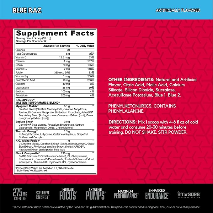 BSN N.O.-XPLODE Pre Workout Powder, Energy Supplement for Men and Women with Creatine and Beta-Alanine, Blue Raz, 60 Servings, 2.45 Pound (Packaging May Vary)