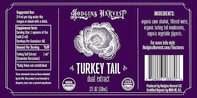 Hodgins Harvest Organic Turkey Tail Mushroom Tincture - Extra Concentrated Dual Extract Antioxidant-Rich Mushroom Drops Supplement for Overall Wellness - Made in USA - 2 fl oz