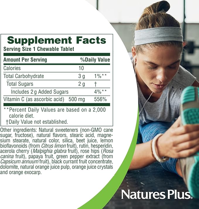 NaturesPlus Orange Juice Chewable Vitamin C - 500 mg, 90 Tablets - High Potency Immune & Vascular Health Support Supplement, Antioxidant - Gentle On Stomach - Vegetarian, Gluten-Free - 90 Servings