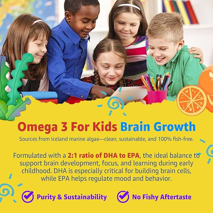 (2 Pack) Kids Multivitamin Gummies with Iron, Sugar Free, Kids Daily Vitamins + Probiotics, Algae Omega 3 (EPA/DHA), A, C, D, Methyl B12, Folate, B6, Zinc, Biotin, for Healthy Growth, Immune Support