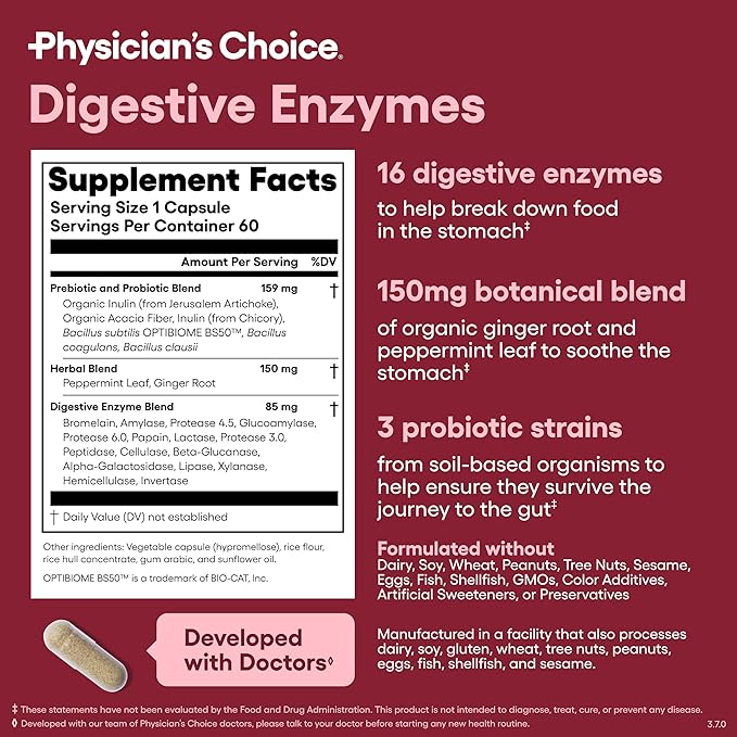 Physician's CHOICE Digestive Enzymes for Bloating & Digestion - 16 Enzymes with Organic Prebiotics & Probiotics for Gut & Digestive Health - Meal Time Discomfort Relief - Dual Action Support - 60 CT