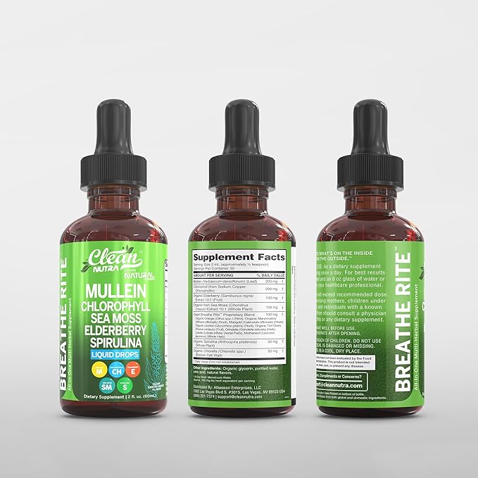 Organic Mullein Liquid Drops With Chlorophyll for Lung Detox Plus Irish Sea Moss, Spirulina, Licorice, Tart Cherry, Lobelia, Motherwort, And Elderberry For Men Women Health Supplement Vitamin (2)