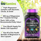 Triple Magnesium Complex Supplement 500mg: Magnesium Glycinate, Citrate, & Oxide - 120 Capsules (4 Month Supply!) | 1 Capsule Serving Provides 125% Daily Value | Non-GMO, Made in The USA!