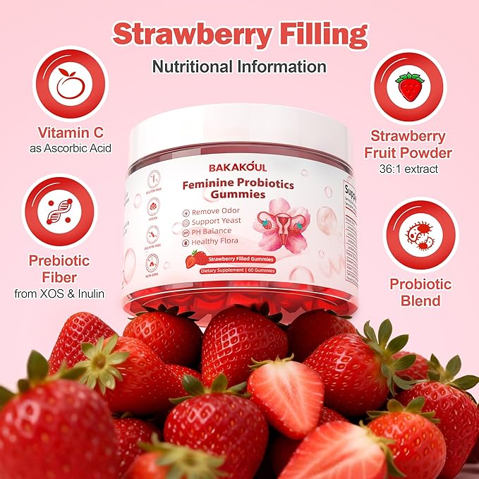 Feminine Balance Gummies for Women,Vaginal Probiotics Supports pH Balance, Digestive Health,Vegan,Gluten-Free, Strawberry Flavor with Filled,60 Gummies
