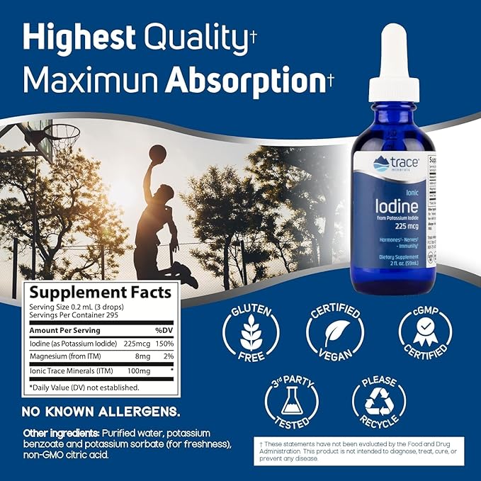 Trace Minerals Ionic Iodine 225 mcg - Gel Supplement to Support Immune System & Thyroid Health - Iodine Drops with Magnesium - Supports Healthy Nervous System - 2 fl oz (295 Servings)