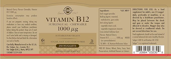 Solgar Vitamin B12 1000 mcg,250 Nuggets-Supports Production of Energy,Red Blood Cells-Healthy Nervous System-Promotes Cardiovascular Health-Vitamin B-Non-GMO,Gluten Free-250 Servings,(Pack of 2)