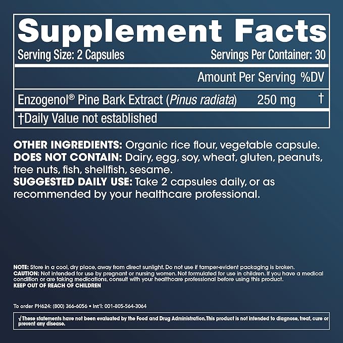 ProHealth Enzogenol Pine Bark Extract | 60 Capsules | New Zealand Sourced Antioxidant Support | Triple 3rd Party Tested, GMP Manufactured in The USA
