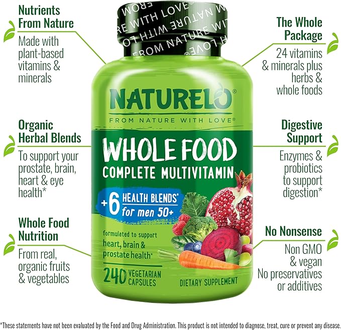 NATURELO Whole Food Multivitamin for Men 50+ - with Vitamins, Minerals, Organic Herbal Extracts - Vegan Vegetarian - for Energy, Brain, Heart and Eye Health - 240 Capsules