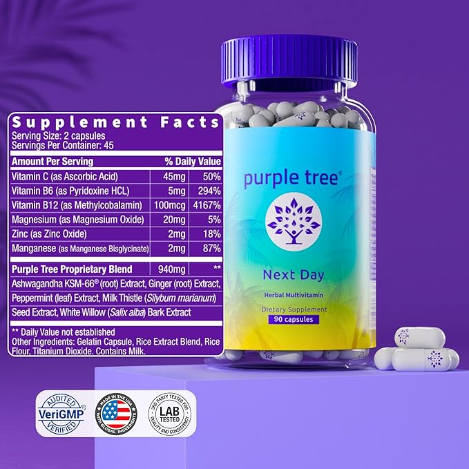 purple tree Next Day – Post-Drink Morning Wellness Supplement for Balance, Restore & Replenishment | Ashwagandha KSM-66, Milk Thistle, Ginger, Peppermint, Electrolytes & Vitamins | 90 Capsules