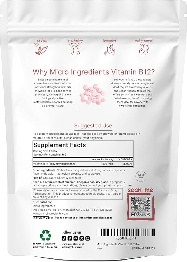 Micro Ingredients Vitamin B12 1,000 mcg | Methylcobalamin – 365 Chewable Tablets | Fast Dissolve, Natural Strawberry Flavor | Supports Energy & Metabolism Health | Vegan, Non-GMO, Gluten Free
