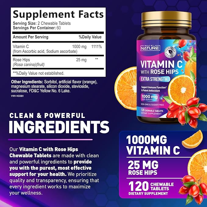 Built by Nature Chewable Vitamin C with Rose HIPS - 1000mg Immune Support Supplement - Non-GMO, Gluten-Free, Vegan - Powerful Antioxidant for Energy & Collagen Boost - Orange Flavor – 120 Tablets