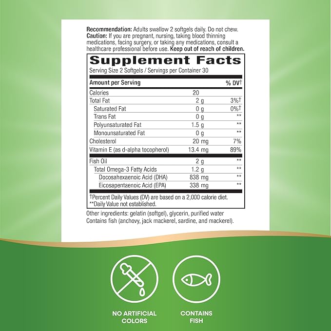 Nature's Way Mega-DHA Premium Fish Oil, Supports Eye and Brain Function*, Omega-3, EPA DHA Omega 3 Supplement, 2,000 mg Fish Oil per 2-Softgel Serving, 60 Softgels (Packaging May Vary)