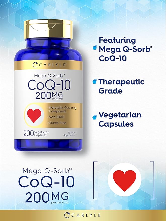 Carlyle CoQ10 200mg | 200 Capsules | Mega Q-Sorb Coenzyme Q-10 | Vegetarian, Non-GMO, Gluten Free Supplement