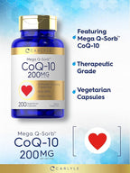 Carlyle CoQ10 200mg | 200 Capsules | Mega Q-Sorb Coenzyme Q-10 | Vegetarian, Non-GMO, Gluten Free Supplement