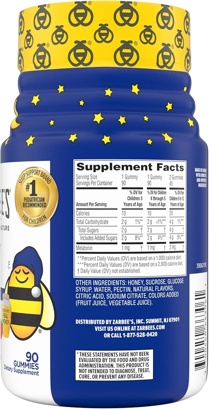 Zarbee's Kids Melatonin Gummies with 1mg Melatonin, Kids Sleep Gummy, Promotes Peaceful Sleep, Drug-Free, Non-Habit-Forming, Natural Strawberry, 90 ct