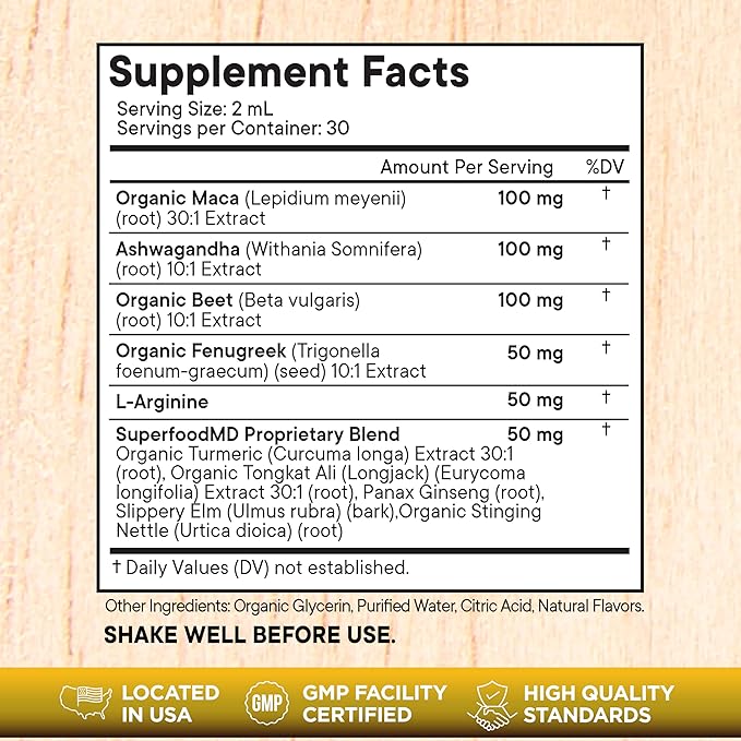 Superfood MD Maca Root Liquid Drops with Ashwagandha, Nettle, Fenugreek, Beet Root and L-Arginine Liquid Multivitamin for Women and Men - 4 Oz