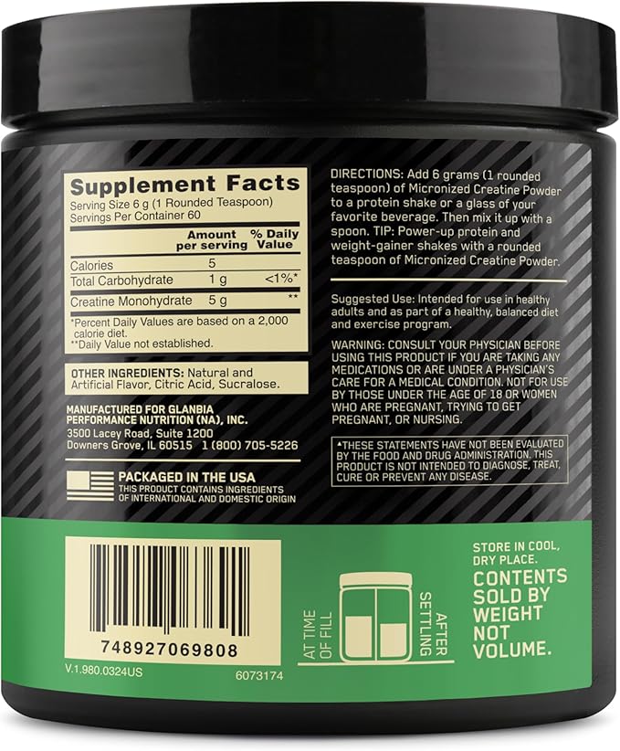 Optimum Nutrition Micronized Creatine Monohydrate Powder, Blueberry Lemonade Creatine, 60 Servings, 360 Grams (Packaging May Vary) (Pack of 6)