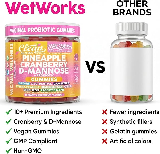 Wet Works Women's Vaginal Probiotic Gummies Pineapple Cranberry Folic Acid D-Mannose Vitamin C Chicory Myo Inositol Garlic Black Cohosh Zinc Iron Evening Primrose Chastetree 60 Count by Clean Nutra