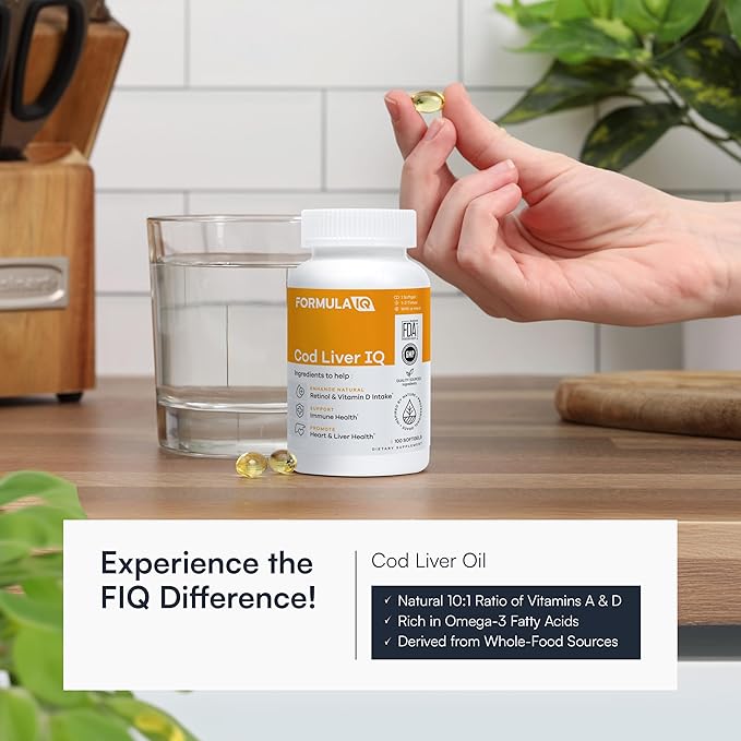 Formula IQ - Cod Liver IQ - Cod Liver Oil Softgels - Natural Source of Vitamins A & D and Omega-3 Fatty Acids - Heart, Liver & Immune Health - 100 Softgels