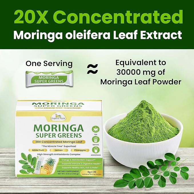 Organic Veda Moringa Super Greens, 30 Sticks Drink Mix Powder - 20 X Concentrated Moringa Leaf Powder Extract with Amla, Pineapple, Antioxidant Superfoods for Energy & Metabolism - Tea & Smoothie Mix