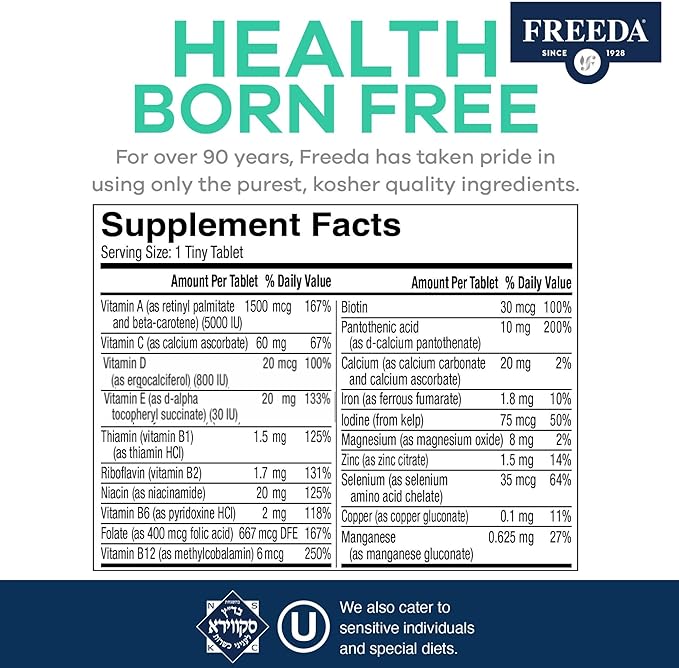 Freedavite Tiny Tablet - Moderate Multivitamin for Men and Women - Vitamin A, C, D, E, B1, B2, B6, B12, Biotin, Calcium, Zinc, Iron, Magnesium, Manganese, Copper, Selenium, Iodine - 100 Count