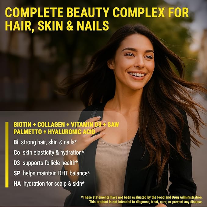 Biotin Gummies with Collagen Vitamin D3 Saw Palmetto & Hyaluronic Acid for Hair Skin and Nails, Hair Growth Supplement for Men & Women | Non-GMO | Gluten-Free | Natural Pineapple Flavor