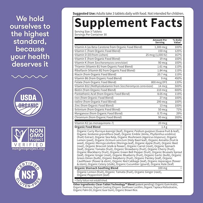 Garden of Life Organics Prenatal Multivitamin with Folate, B6, B12, D3 & Iron – Prenatal Vitamins for Women with Energy Metabolism Support for Healthy Fetal Development, Non-GMO, Vegan, 30 Servings