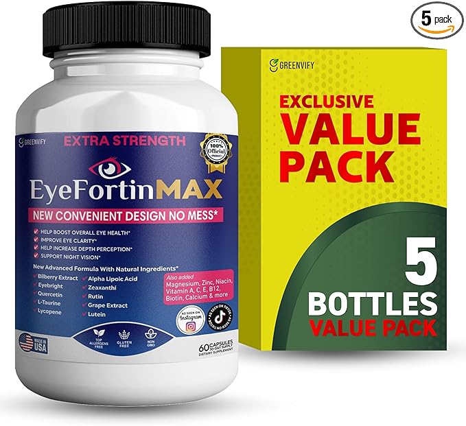 EyeFortin MAX Eye Health Supplement, 60 Capsules, Extra Strength with Lutein, Vitamins A C E B12, Bilberry Extract, 30 Day Supply (5)