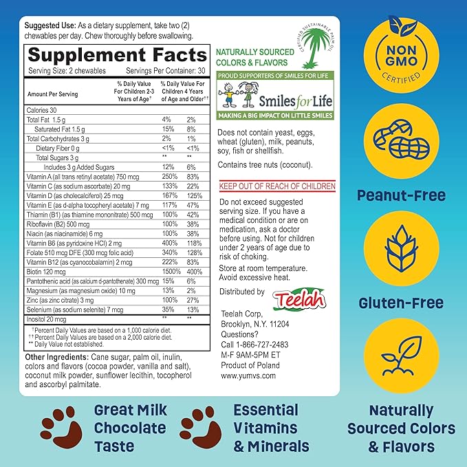 YUM-V'S Kids Multivitamin Chocolate Bears for Immune & Bone Support – 16 Kids Vitamins & Minerals with A, B Complex, Magnesium & Zinc – Daily Toddler Vitamins in Milk Chocolate – 60 Count, Pack of 1