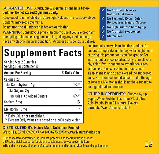 Nature Made Melatonin 10mg per serving Gummies, Maximum Strength Dosage, 100% Drug Free Sleep Aid for Adults, 60 Melatonin Gummies, 30 Day Supply