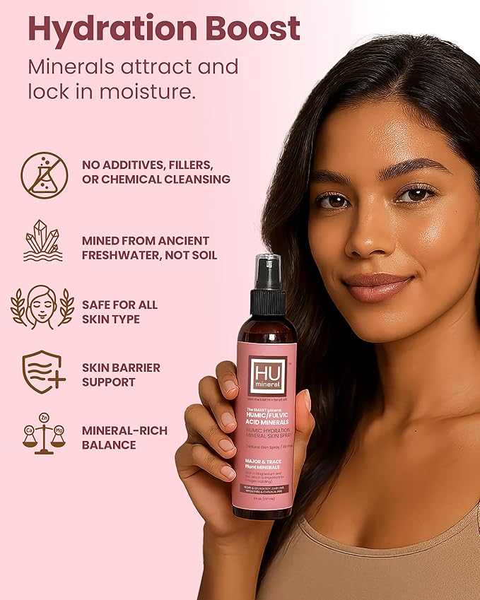 2X Humic Hydration Mineral Spray – Organic Humic Acid, Fulvic Acid Spray with Major & Trace Minerals, Electrolytes & Silica to Boost Collagen - Plant-Based for Skin, Hair & Body Hydration – 8 oz