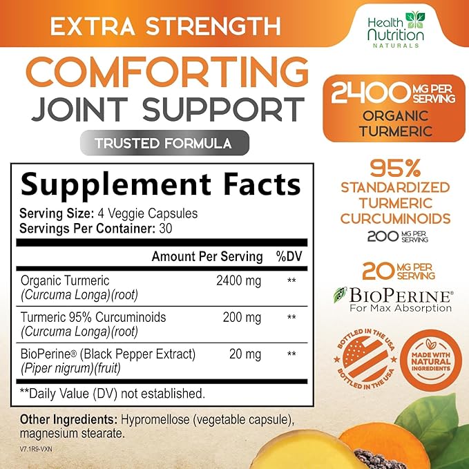 Turmeric Curcumin Supplement 2600mg - 95% Curcuminoids with Organic Turmeric & BioPerine Black Pepper for Best Absorption, Nature's Vegan Joint Support, Non-GMO Tumeric, Bottled in USA - 120 Capsules