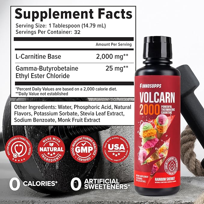 InnoSupps Volcarn 2000 - L-CARNITINE Advanced Energy Liquid | ATP Enhancer with GBEEC | Boosts Energy, Enhances Focus, Caffeine Free, No Artificial Sweeteners | 32 Servings (Rainbow Sherbet)
