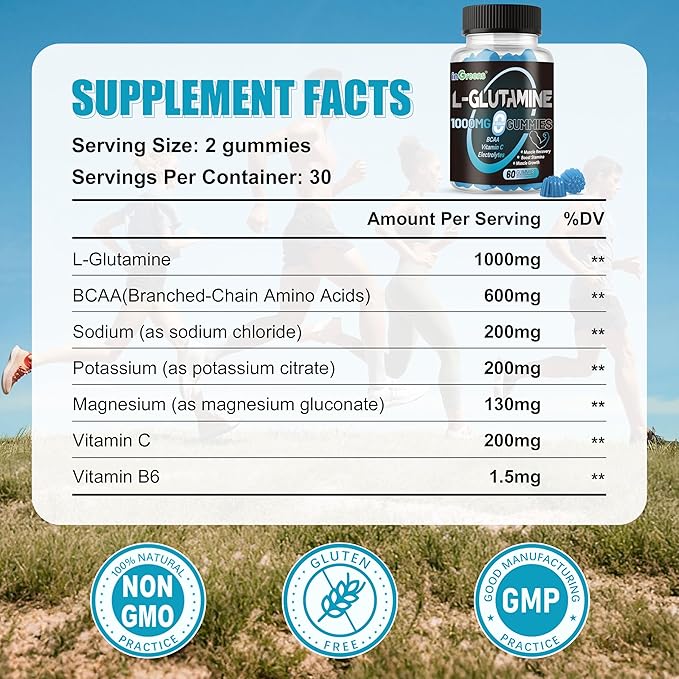 L-Glutamine Gummies 1000mg with BCAA, Potassium, Magnesium & Vitamin C, Muscle Recovery, Endurance Support & Daily Nutrition, Portable Supplement for Men＆Women, Lime Grapefruit Flavor, 120 Count